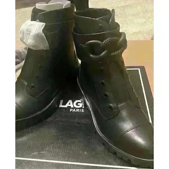 ❤️KARL LAGERFELD PARIS NIB Pepper Rhinestone Curb Link Combat Boots size 5 Black - Picture 8 of 8